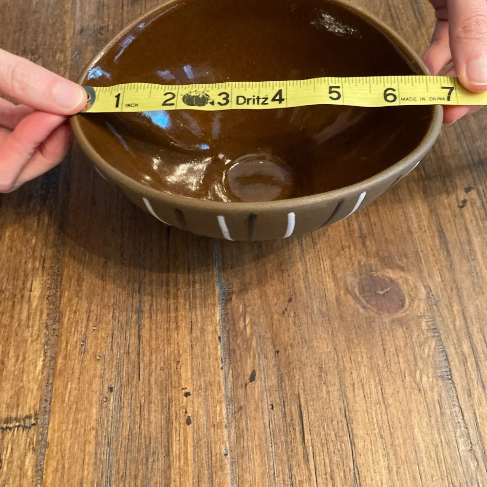 Jonathan Adler Brown Pottery Bowl with Black and White Stripes